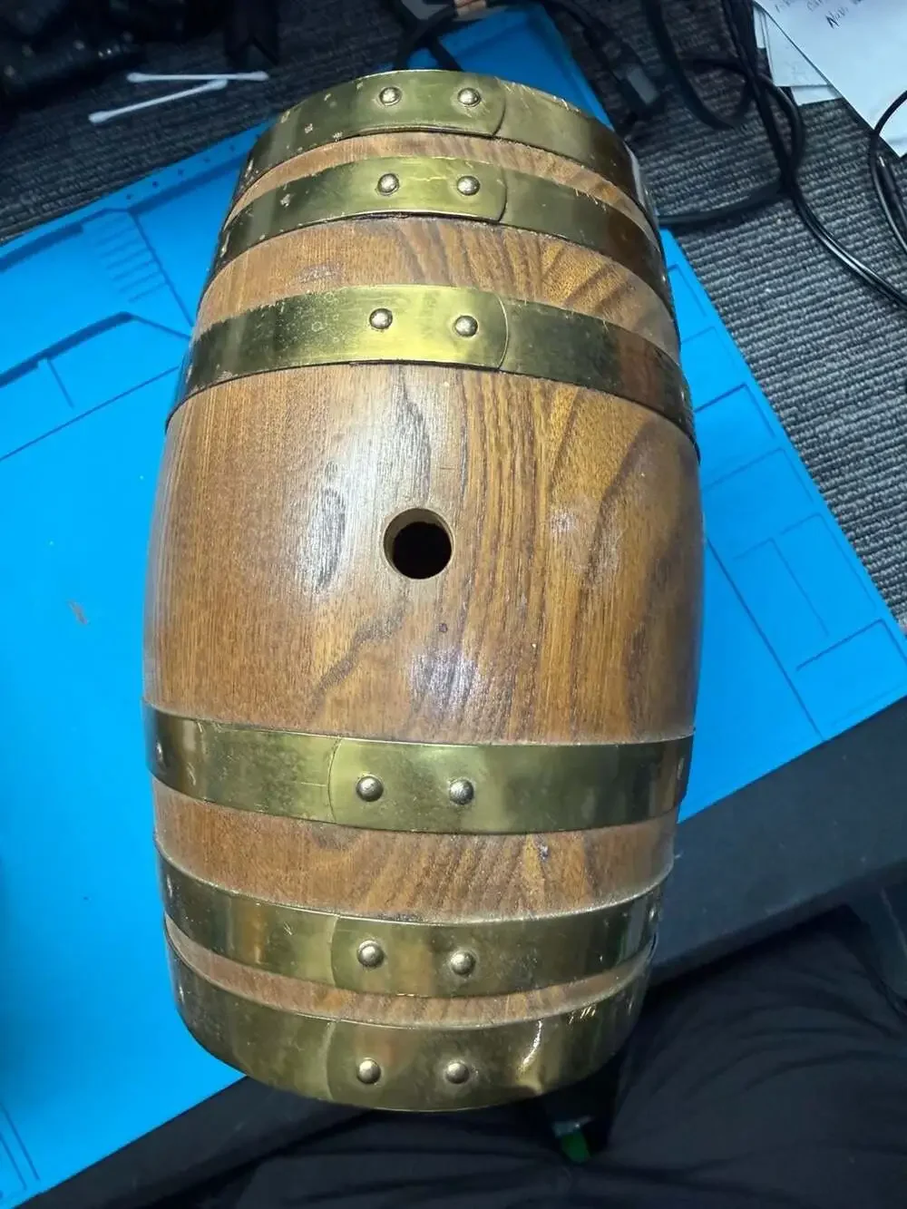 Vintage Small Oak Wood Wine Barrel Cask with Brass Hoops and Wooden Stand